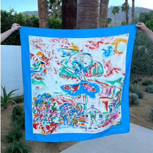 Vintage 80s Dominique Martine Blue Large Sarong Scarf Wrap Square Painted Print
